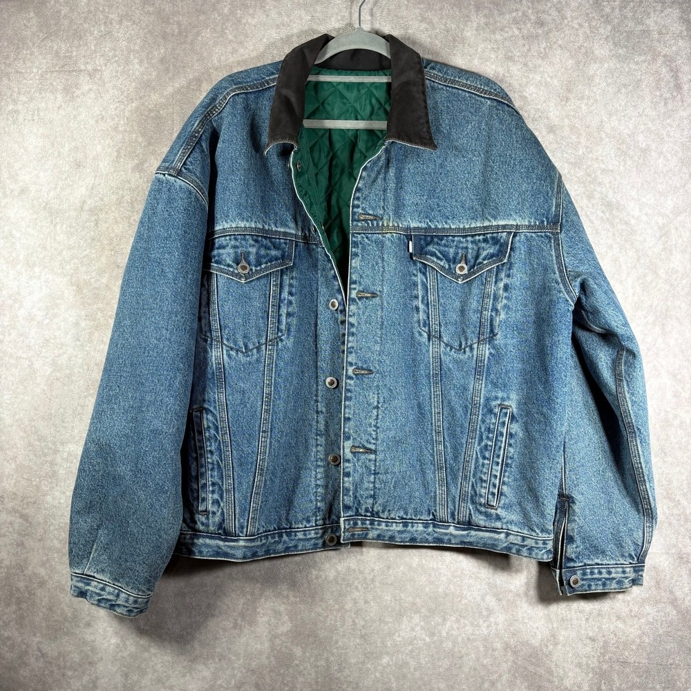 VTG 90s Levi's Silvertab Reversible Trucker Jacket XL Blue Green Denim Quilted